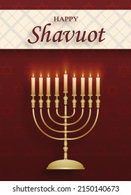 Happy Shavuot card with nice and creative jewish symbols and gold paper cut style on color background for pesach Jewish holiday (translation : happy Shavuoth)