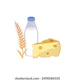 Happy Shavuot with cheese, wheat ears and bottle of milk. Symbolic foods of Shavuot traditional Jewish holiday. Vector flat illustration isolated on white background