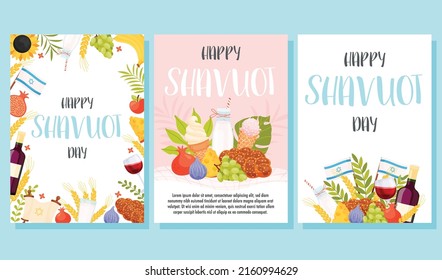 Happy Shavuot day greeting cards set. Translation from Hebrew text - Happy Shavuot. Vector illustration