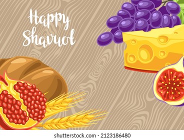 Happy Shavuot greeting card. Holiday background with Jewish traditional symbols.