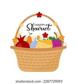 Happy Shavuot greeting card with lettering and basket of traditional symbols pomegranate, cheese, etc.  Jewish holiday typography poster. Vector template for banner, invitation, flyer, etc.