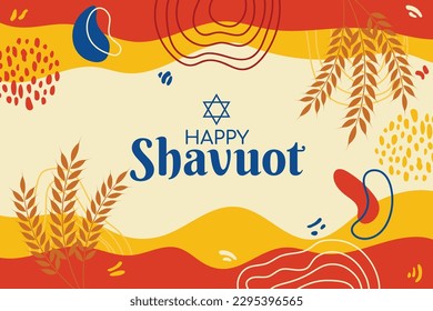 Happy Shavuot Horizontal Background Vector Illustration. Gráfico tradicional de la fiesta judía. Memphis Concepto Trigo Grain Flat diseño de pancartas. Encabezado del sitio web del festival Israel, saludo, publicación en medios sociales