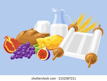 Happy Shavuot illustration. Holiday background with Jewish traditional symbols.