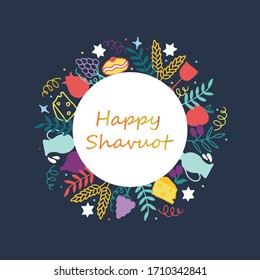 Happy Shavuot (Jewish holiday) handwritten text and symbols (figs, garnet, grape, apple, Jewish star, cheese, olive, milk, wheat). Round frame of doodle elements. Lettering, calligraphy. Vector  