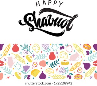 Happy Shavuot (Jewish holiday) handwritten text and pattern of symbols (figs, garnet, grape, apple, Jewish star, cheese, olive, wheat). Doodle style. Hand lettering, modern brush calligraphy. Vector  