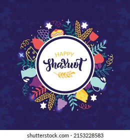 Happy Shavuot (Jewish holiday) handwritten text and symbols (figs, garnet, grape, apple, Jewish star, cheese, olive, milk, wheat). Round frame of doodle elements. Lettering, calligraphy. Vector  