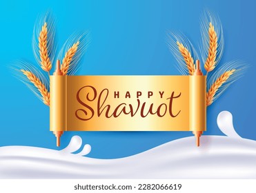 Feliz Shavuot. Leche, trigo. Ilustración vectorial. Leche de goteo. Tarjeta de saludo aislada vectorial Rita vacaciones judías Shavuot y trigo para decoración y cobertura. Concepto de feliz Shavuot