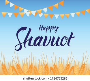 Happy Shavuot Poster. Vector illustration for the Jewish holiday of Shavuot. Wheat, flags, blue sky