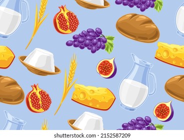 Happy Shavuot seamless pattern. Holiday background with Jewish traditional symbols.