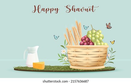 Happy Shavuot Template Banner with 3D Style. Jewish Holiday Shavuot Concept with Fruits, Wheat and Milk Bottle. Vector Illustration. Greeting Card Template Background