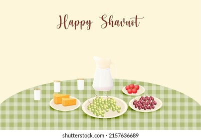 Happy Shavuot Template Banner with 3D Style. Jewish Holiday Shavuot Concept with Fruits, Wheat and Milk Bottle. Vector Illustration. Greeting Card Template Background