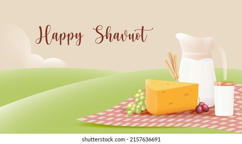 Happy Shavuot Template Banner with 3D Style. Jewish Holiday Shavuot Concept with Fruits, Wheat and Milk Bottle. Vector Illustration. Greeting Card Template Background