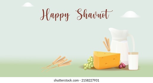 Happy Shavuot Template Banner with 3D Style. Jewish Holiday Shavuot Concept with Fruits, Wheat and Milk Bottle. Vector Illustration. Greeting Card Template Background