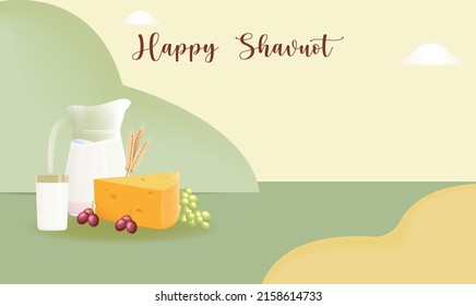 Happy Shavuot Template Banner with 3D Style. Jewish Holiday Shavuot Concept with Fruits, Wheat and Milk Bottle. Vector Illustration. Greeting Card Template Background