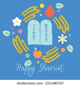 Happy Shavuot. Ten commandments and wheat, fruits, flowers, leaves frame vector illustration. Tablets of stone and wheat, apple, pomegranate for Shavuot. Text: The 10 Commandments of God