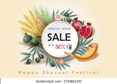 Happy Shavuot translate from Hebrew, Jewish Holiday gift card, traditional food symbols wheat, Torah scroll, milk, date fruit, pomegranates, grape wine bottle, sales promotion banner