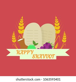 Happy Shavuot vector illustration with Ten commandments, wheat, milk and fruits. Land of Israel  harvest greeting card.