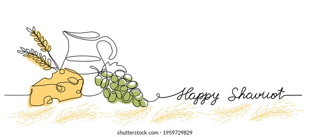 happy Shavuot vector web banner background. One continuous line drawing illustration with lettering happy Shavuot.