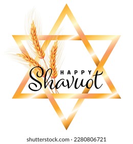 Happy Shavuot. Wheat and David Star Concept of Judaic holiday Shavuot. Cute festive wreath Happy Shavuot. Gold design