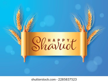 Happy Shavuot. Wheat. Judaic holiday Shavuot. Cute festive wreath Happy Shavuot. Blue background