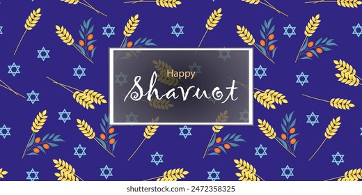 Happy Shavuot.A sign with an inscription on the background of a pattern with ears of wheat, olive branches and a Star of David on a blue background. Banner, congratulations, invitation.