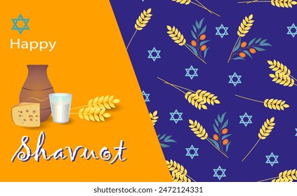 Happy Shavuot.Holiday banner, invitation, greeting card, flyer, cover. An inscription, a jug, milk, cheese, ears of wheat and a pattern with wheat, olive branches and the Star of David. 