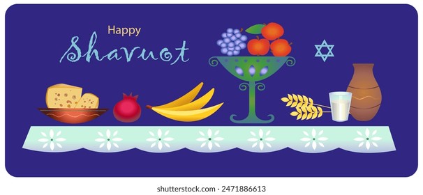 Happy Shavuot.Shavuot treat on the table. Fruit, cheese, milk and ears of wheat on a blue background. Banner, greeting card.