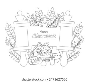 Happy Shavuot.Torah scroll and traditional items of the Jewish holiday.Anti-stress, coloring page.Wheat, a basket of fruit, a jug and a glass of milk, cheese, olive branches, the Star of David.