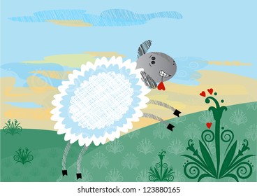 Happy sheep.  Cartoon character jumping with a heart flower on a meadow