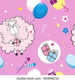 Happy sheep in clouds with gifts. Cute cartoon childish seamless pattern in vector.