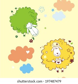 Happy sheep in clouds with gifts. Vector illustration 