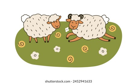 Happy sheep couple grazing on meadow, grass. Adorable funny farm animals, fluffy ewe and ram in nature, countryside. Kids childish rural flat graphic vector illustration isolated on white background