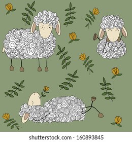 Happy sheep hand drawn seamless pattern