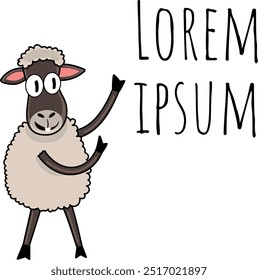 a happy sheep pointing to a lorem ipsum sign