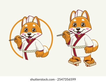 Happy Shiba Inu Chef Holding a Chopsticks Mascot