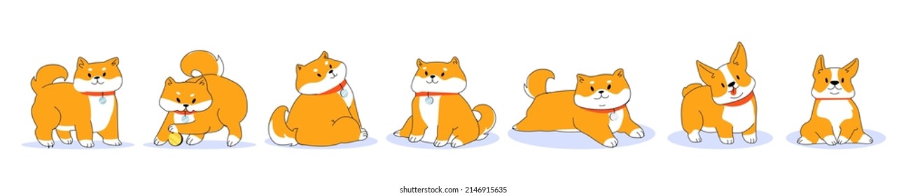 Happy shiba inu dog cartoon character in different poses. Cute funny pet portrait, red-haired Japanese dog stand, lying, play with ball, sitting. Dogecoin symbol, Line art flat vector illustration