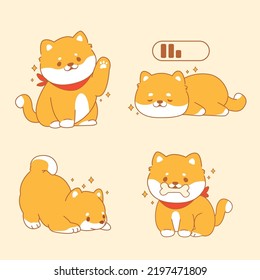 Feliz personaje de perro shiba inu en diferentes poses tierno dibujo de doodle estilo kawaii