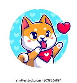 Feliz Perro Inu Shiba Con Amor Ilustración Del Vector De Caricaturas. Concepto de icono de la naturaleza animal Vector Premium aislado. Estilo de caricatura plana. 