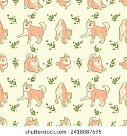 HAPPY SHIBA INU AND FLORAL SEAMLESS PATTERN