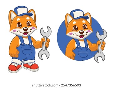 Happy Shiba Inu Mechanic Holding Wrench Mascot