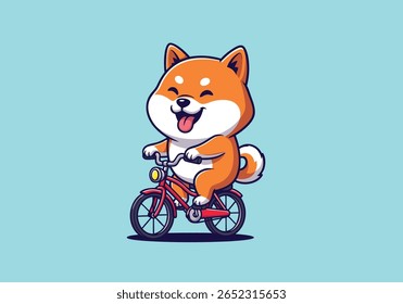 Happy Shiba Inu Riding a Bicycle, Adorable Cartoon Dog Enjoying a Joyful Outdoor Adventure. Vector Illustration