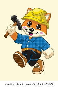 Happy Shiba Inu Worker Holding Hammer Mascot