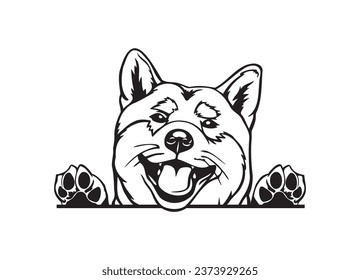 Happy Shiba peeking dog. Shiba inu dog portrait. Black and white vector illustration.