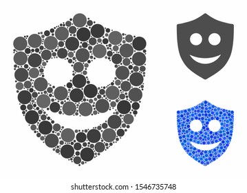 Happy shield mosaic of filled circles in different sizes and color tones, based on happy shield icon. Vector random circles are combined into blue mosaic.