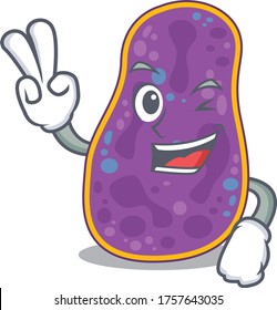 Happy shigella sp. bacteria cartoon design concept with two fingers