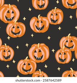 Happy shining jack-o'-lanterns with stars in background in Halloween color palette of orange, pastel pink and yellow on black background. Seamless vector pattern.Great for homedecor, fabric, wallpaper