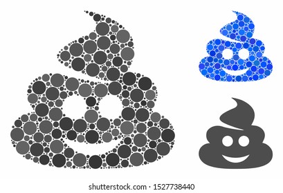 Happy shit mosaic of round dots in variable sizes and color hues, based on happy shit icon. Vector round dots are united into blue mosaic. Dotted happy shit icon in usual and blue versions.