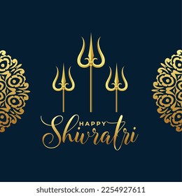 happy shivratri golden text with shiv trishul for hindu festival vector