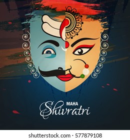 Happy Shivratri, Vector Illustration based on half Lord Shiva and Devi Durga faces, called Ardhanareeshwar on grungy background.