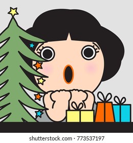 Happy Shocked Girl Surprised To See Christmas Tree And Gift Concept Card Caracter illustration